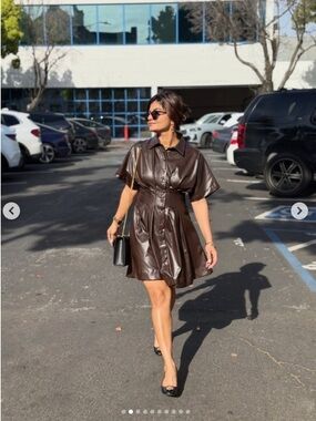 NWT $198 Anthropologie x Exquise Tobie Faux Leather Chocolate Mini Shirt Dress L